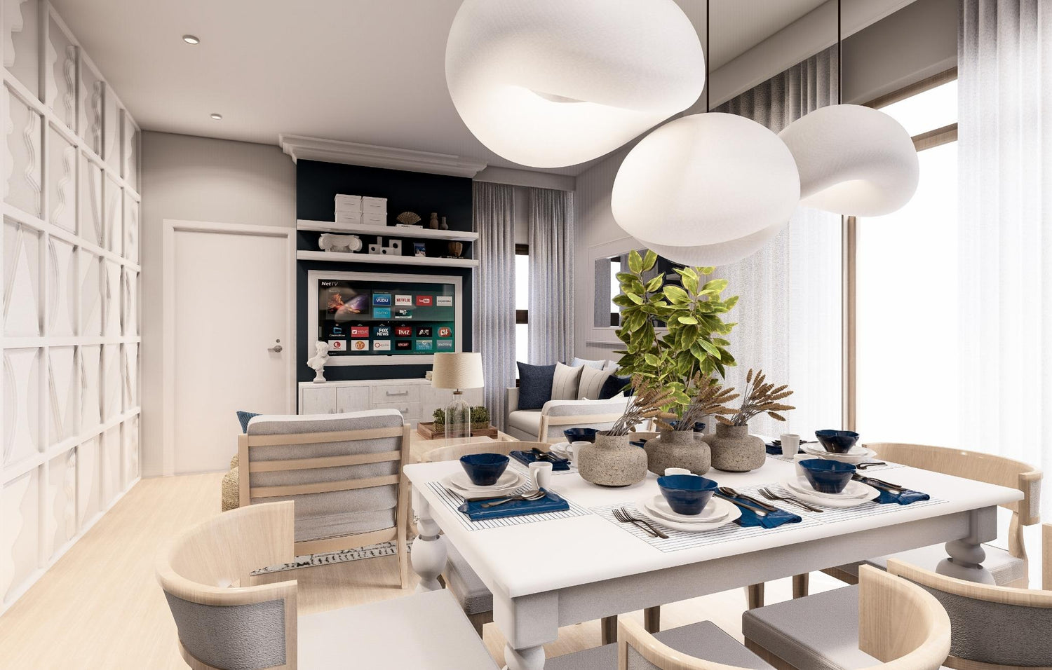  Stylish modern dining area with elegant white furniture and eye-catching blue accents, perfect for gatherings and meals.