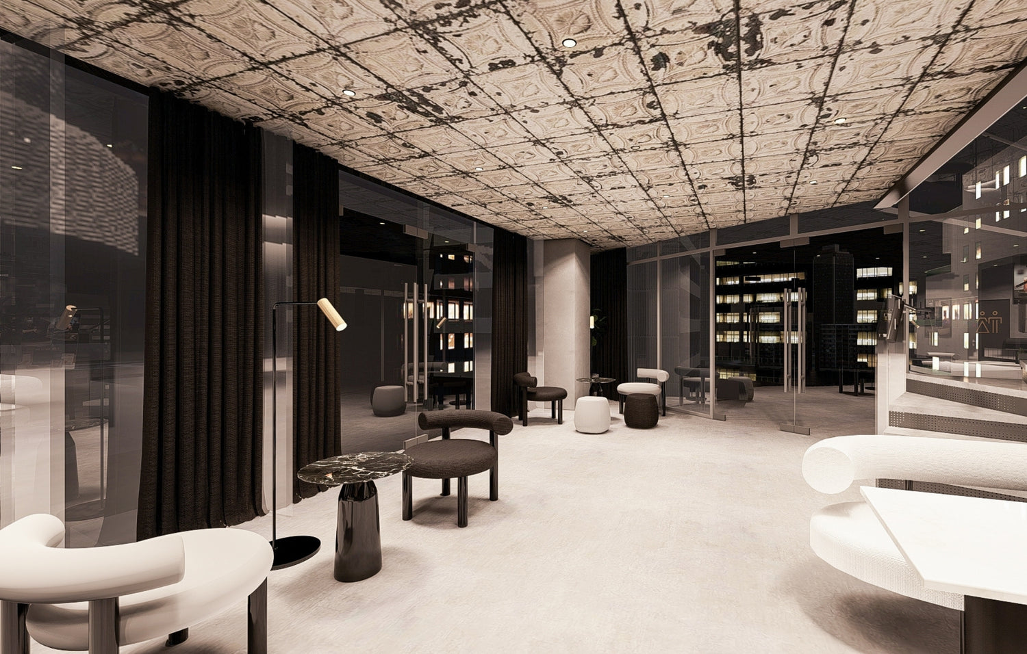 Modern interior with textured ceiling, dark curtains, and contemporary furniture.