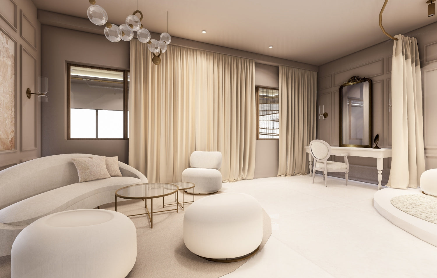 Elegant living room interior with neutral tones, modern furniture, and sophisticated lighting.