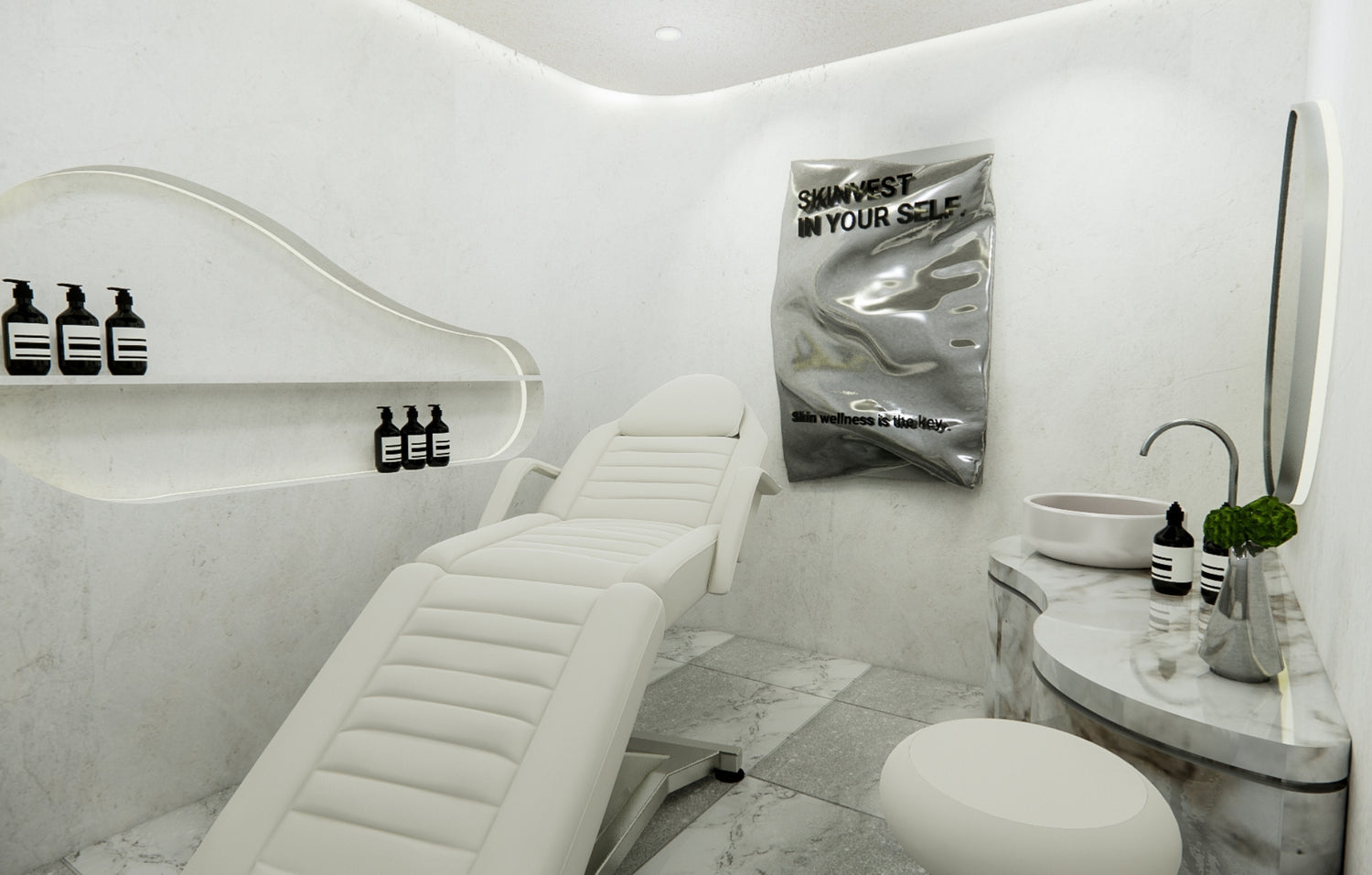 A  sleek and modern skincare treatment room featuring a white reclining chair, a curved shelf with skincare products, a circular mirror, a marble countertop, and a stylish poster reading 'Skinvest in Yourself' on the wall. The design emphasizes cleanliness and luxury with white and marble textures.
