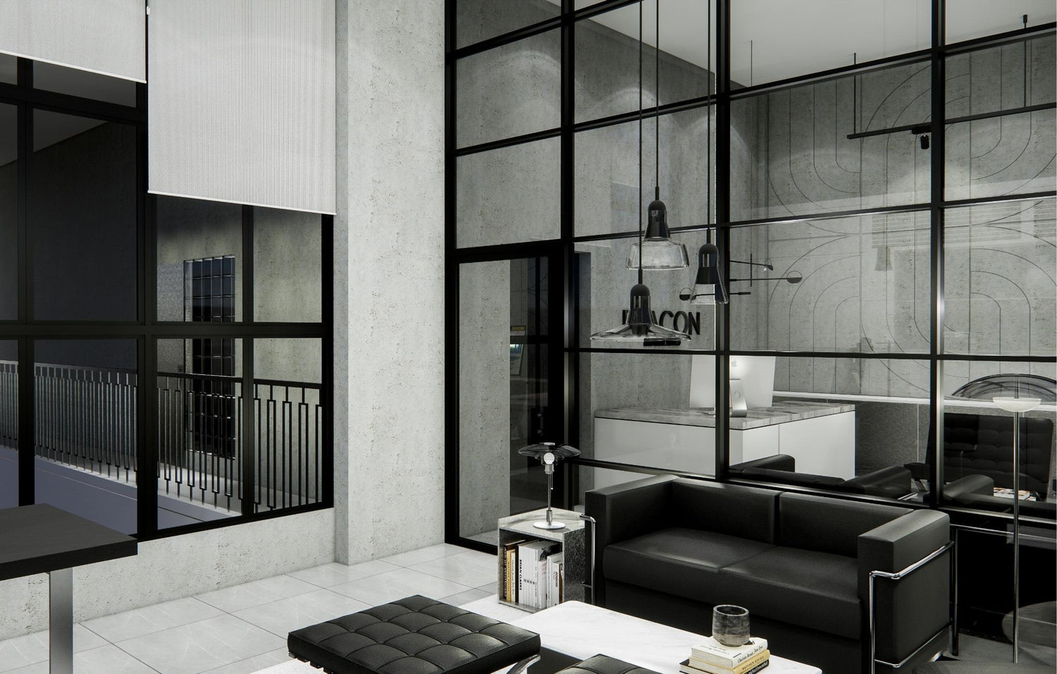 Modern office interior with concrete walls, black furniture, and glass partitions.