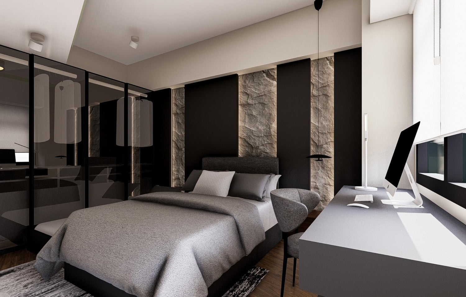  A contemporary bedroom showcasing elegant black and white decor, offering a sophisticated and clean aesthetic.