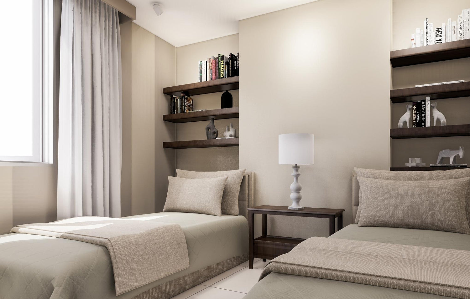 Modern twin bedroom with neat bedding, wall shelves, a side table, and a lamp.