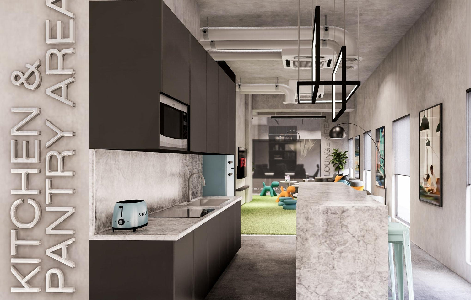 Modern kitchen and pantry area with sleek design, pendant lights, and an adjoining lounge area.