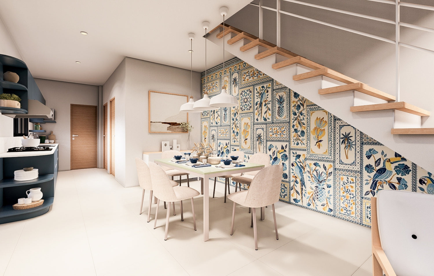 Modern kitchen and dining area with a staircase, highlighting a spacious and inviting atmosphere.