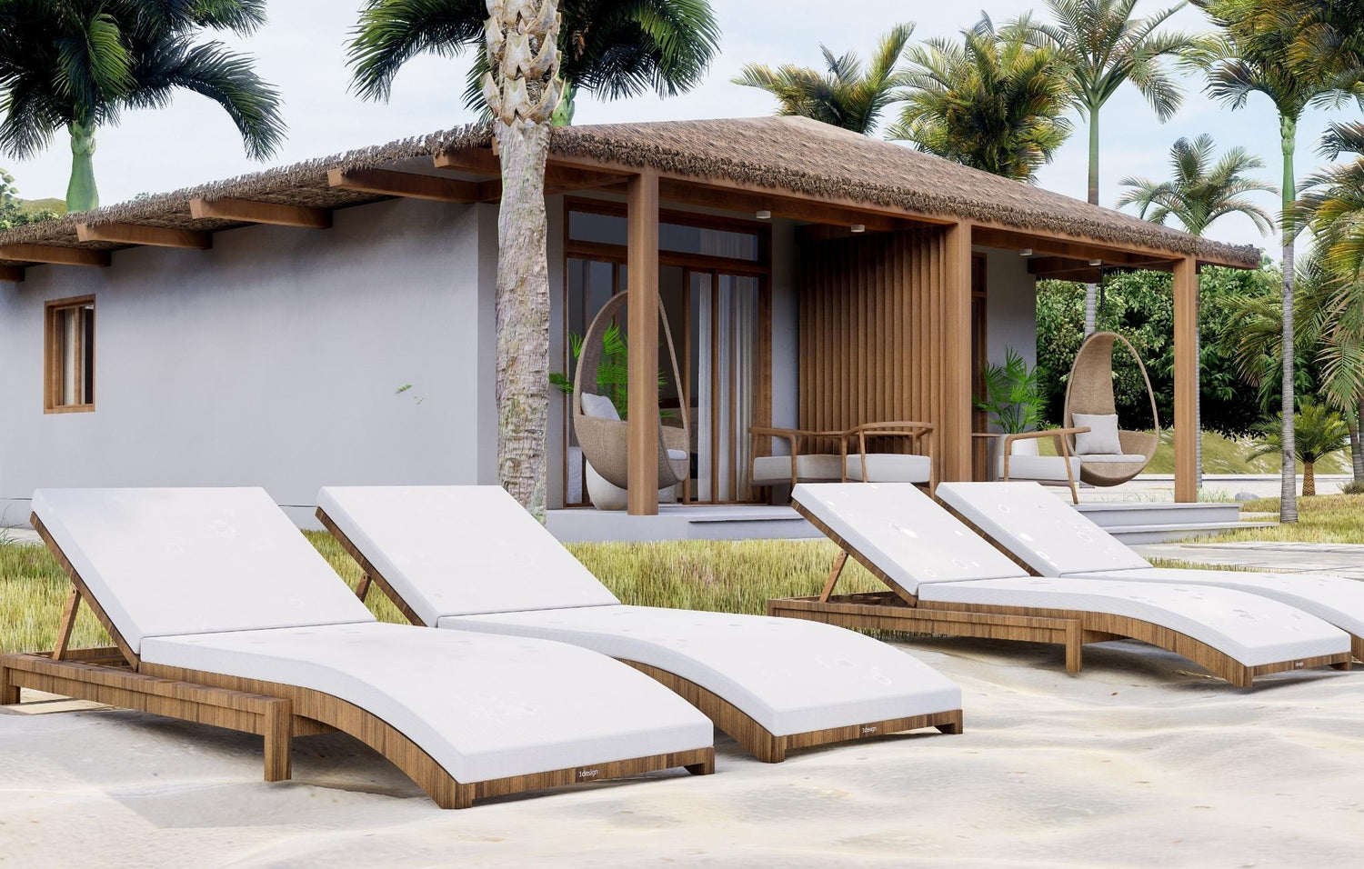 Three sun loungers in front of a tropical villa with palm trees.