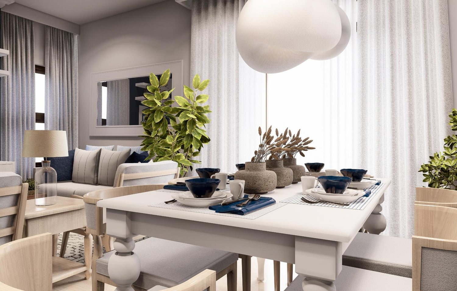  Cozy dining room showcasing a sleek white table and elegant chairs, perfect for family meals and gatherings.