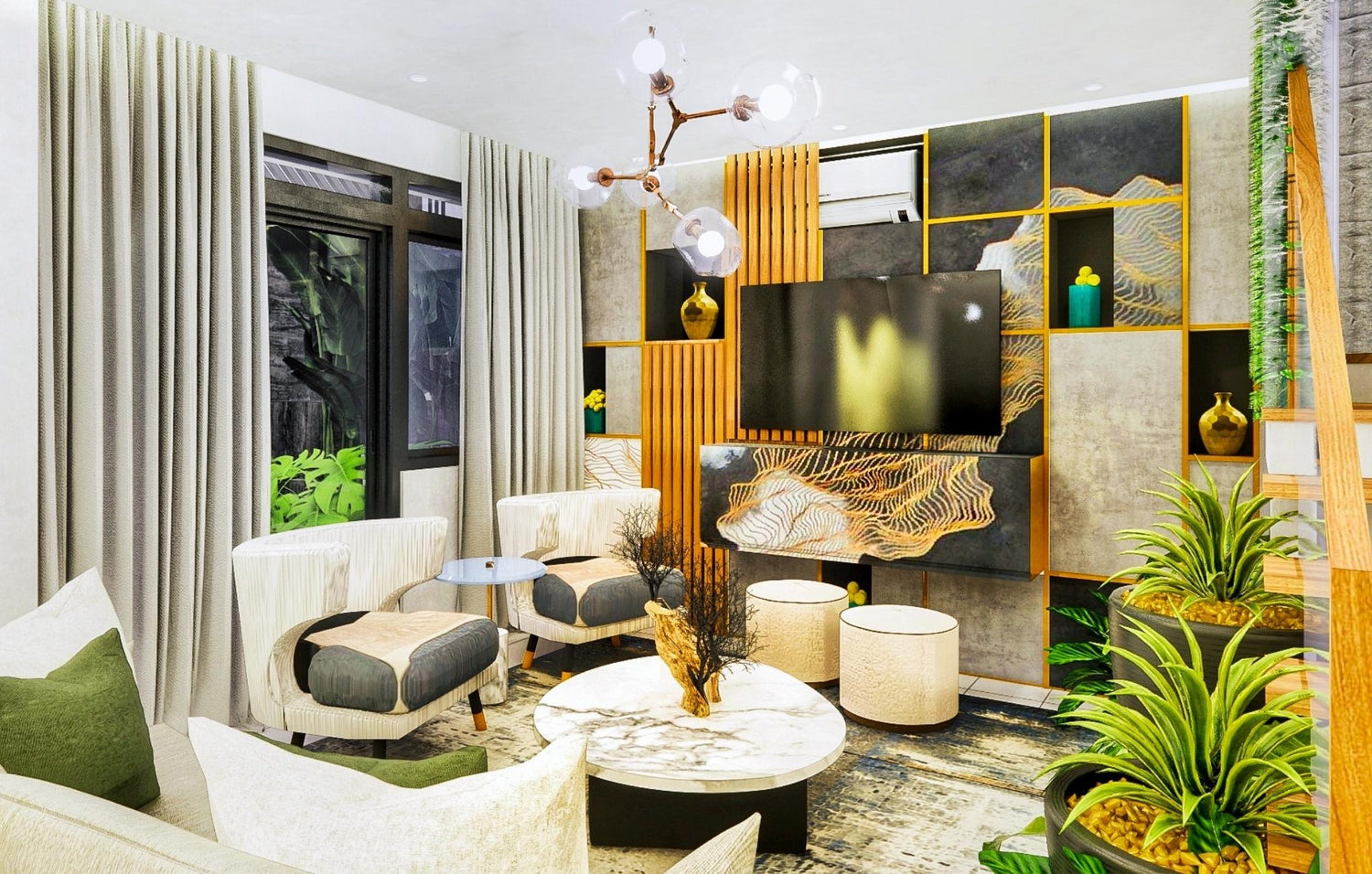  A cozy living room featuring a large television and a vibrant, leafy plant adding a touch of nature to the space.
