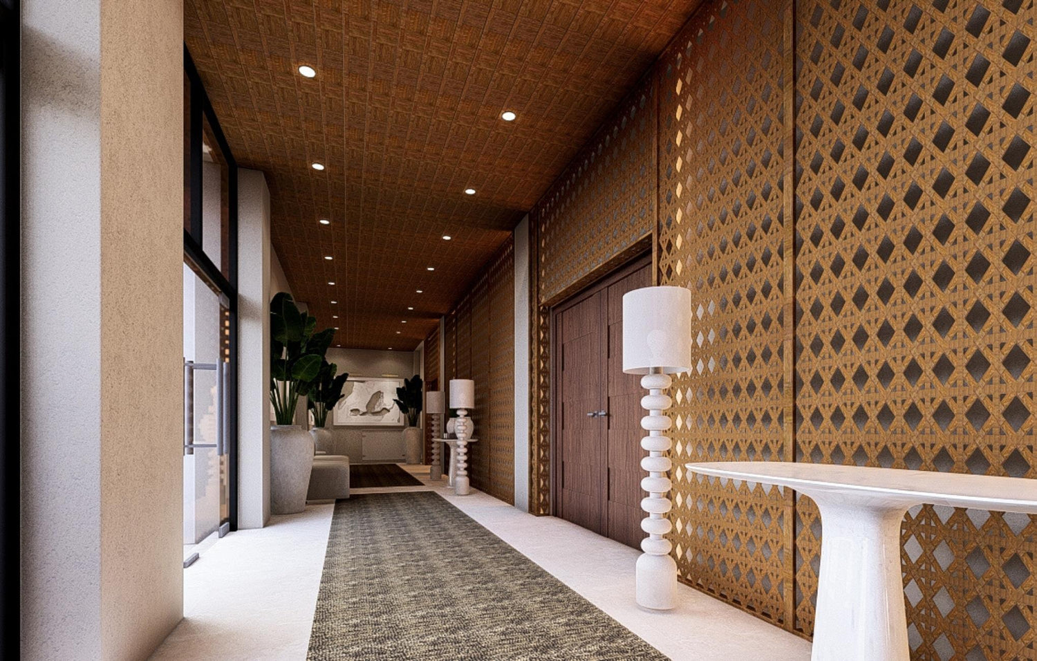 Elegant hallway with patterned wood walls, textured ceiling, and modern lamps.