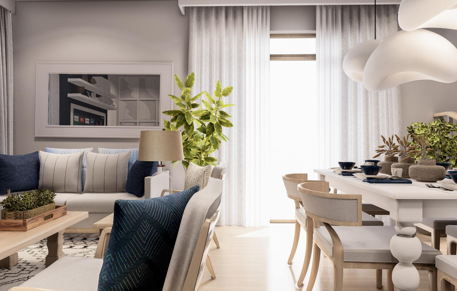 A stylish modern living room featuring a dining table surrounded by chairs, showcasing contemporary design elements.