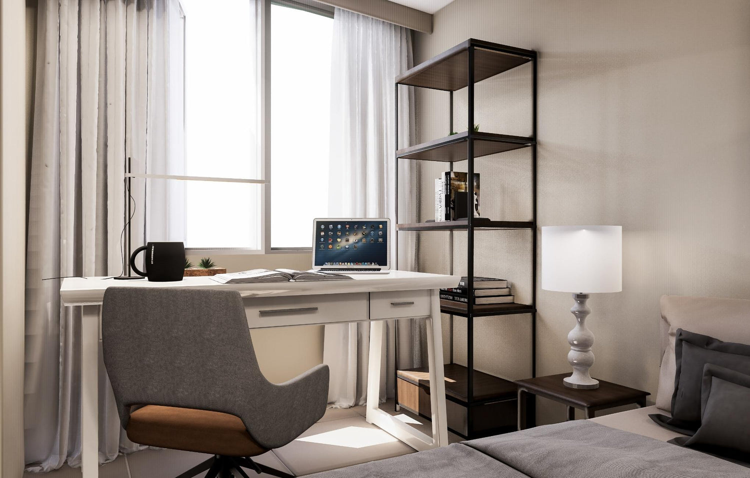  A small bedroom desk equipped with a computer and chair, providing a comfortable area for work or study.

