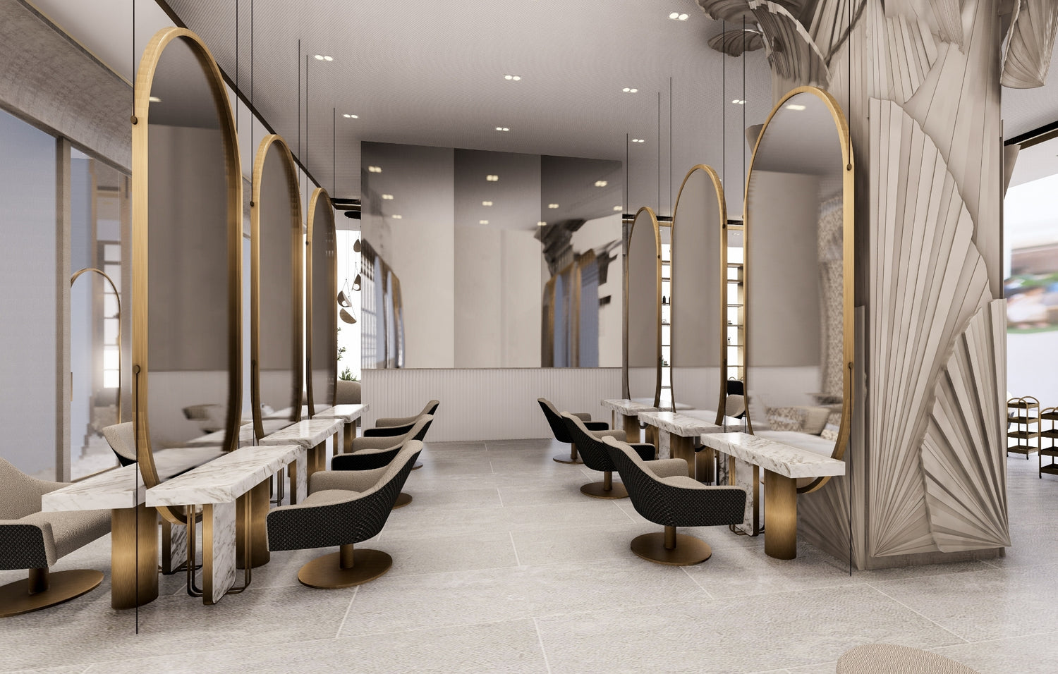 Modern salon interior with marble tables, arching mirrors, and elegant chairs.
