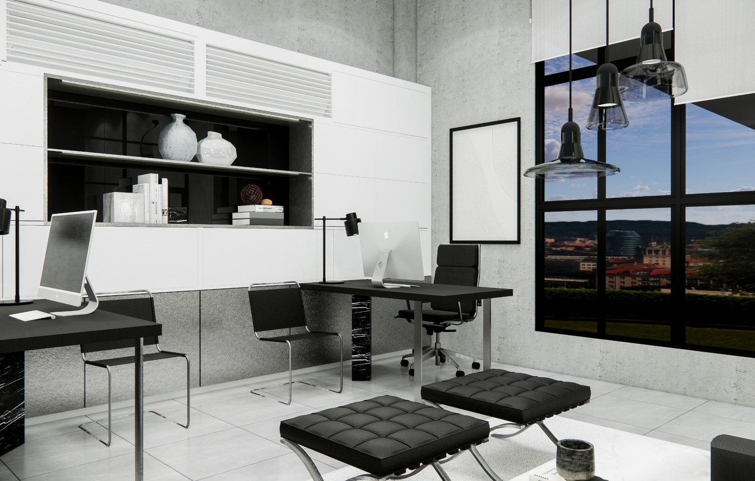 Modern office interior with two desks, chairs, decorative shelving, and oversized windows with a city view.