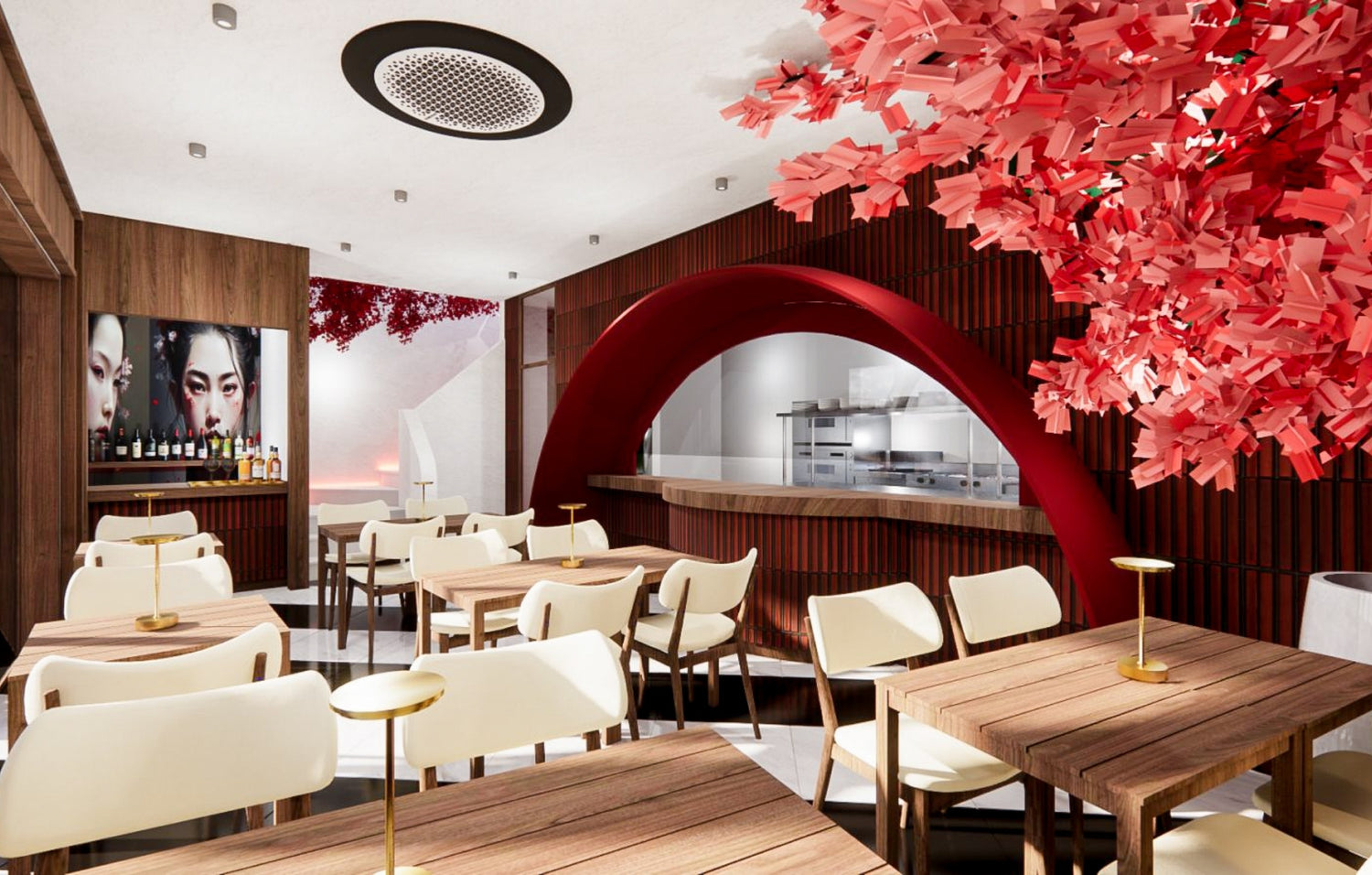Modern restaurant interior with wooden tables, white chairs, and a striking red arch with hanging decor.