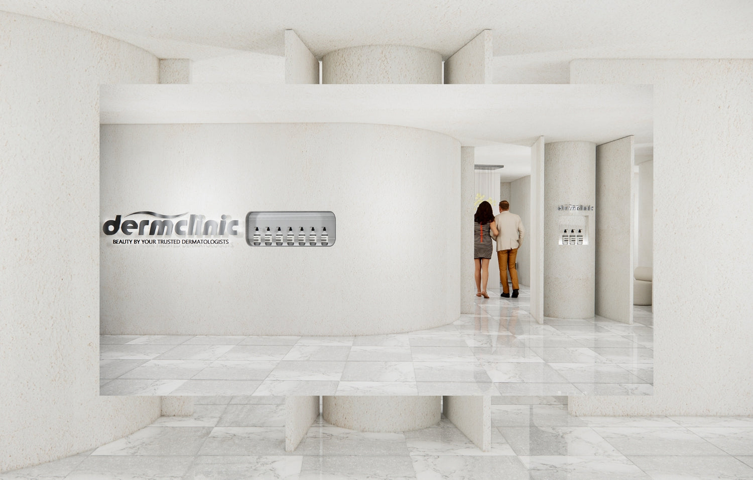 A bright and modern clinic interior with curved white walls, a glossy marble floor, and a sleek sign reading 'Dermclinic - Beauty by Your Trusted Dermatologists.' The image shows a couple walking into the clinic, emphasizing a clean, professional, and inviting atmosphere."