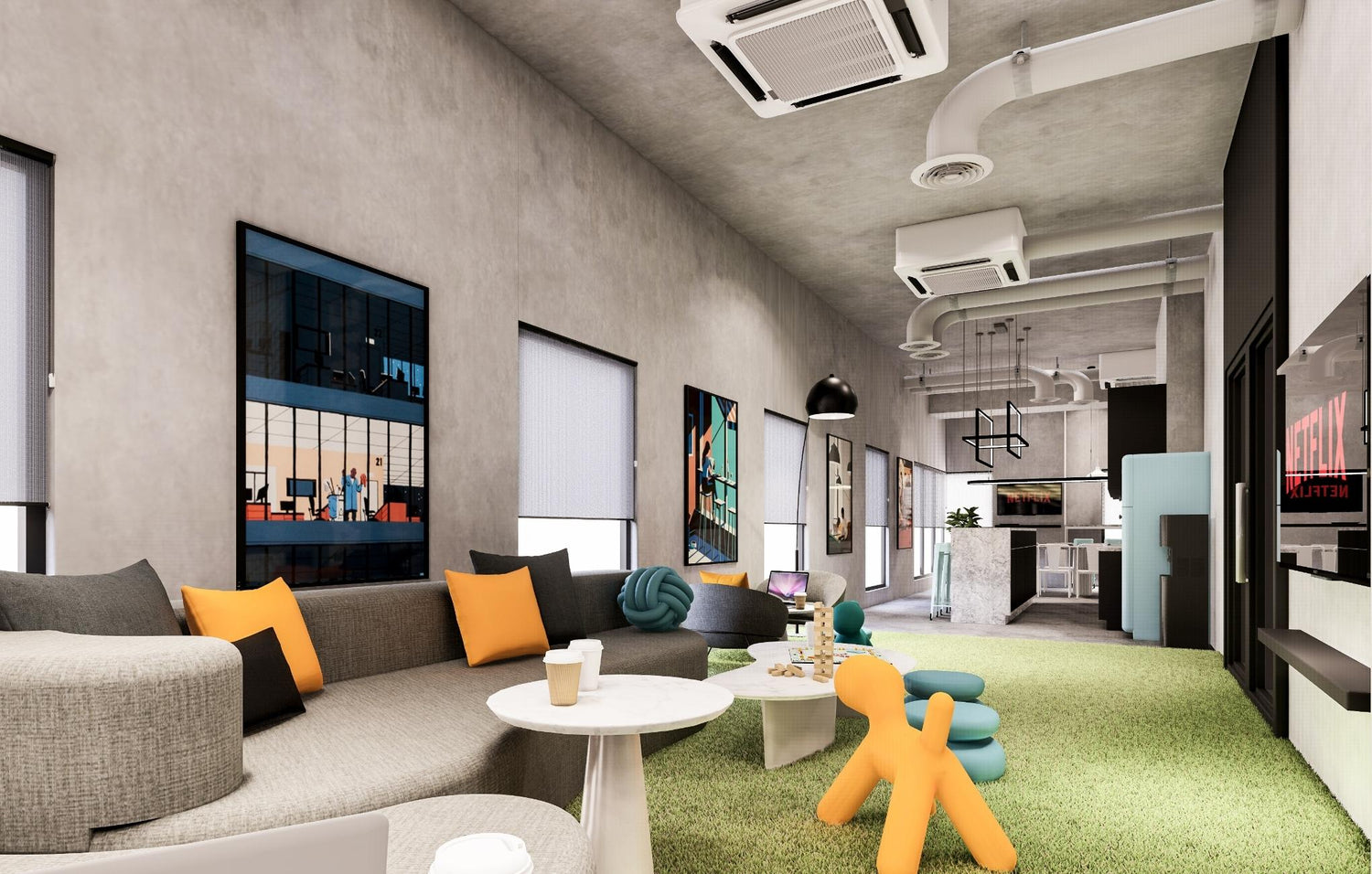 Modern living room with a cozy sofa, colorful cushions, artwork, and a green rug.