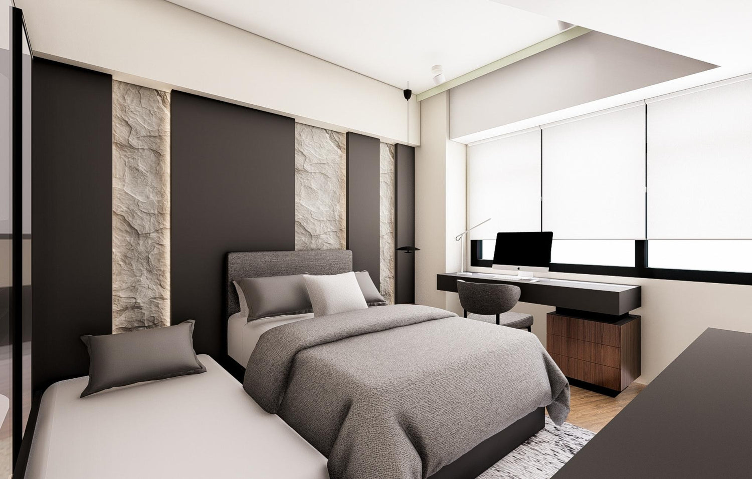 A sleek modern bedroom featuring a cozy bed, a stylish desk, and a comfortable chair