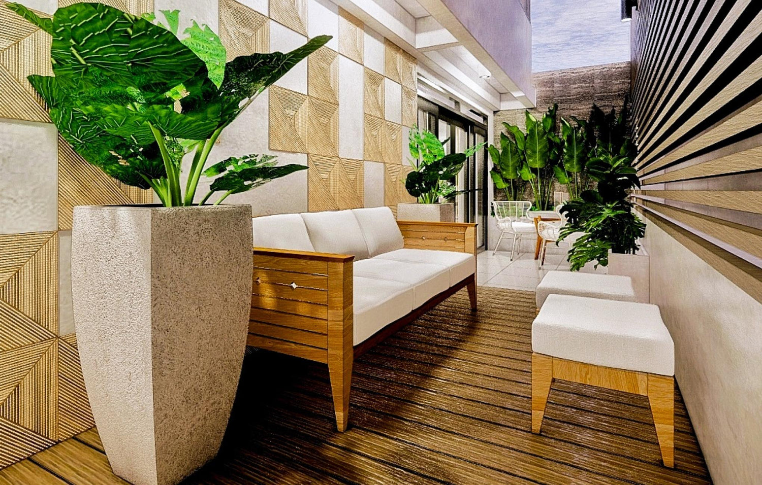 A cozy balcony featuring a wooden floor and stylish white furniture, perfect for relaxation and enjoying the view.
