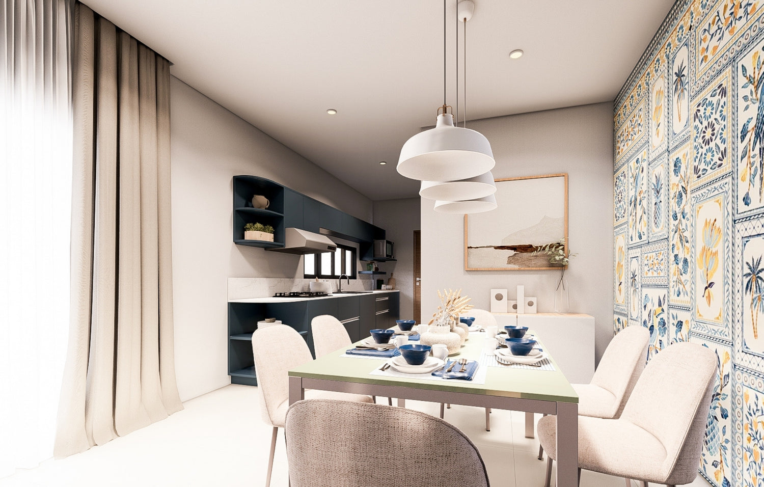  A stylish dining room adorned with blue and white wallpaper, enhancing the space's charm and elegance.