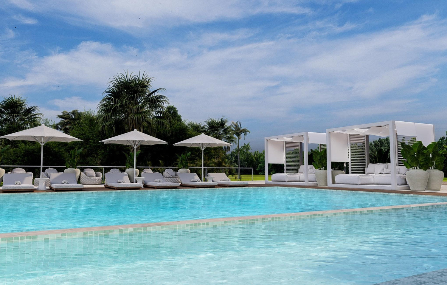 Luxury resort pool with sun loungers, umbrellas, and private cabanas under a clear sky.