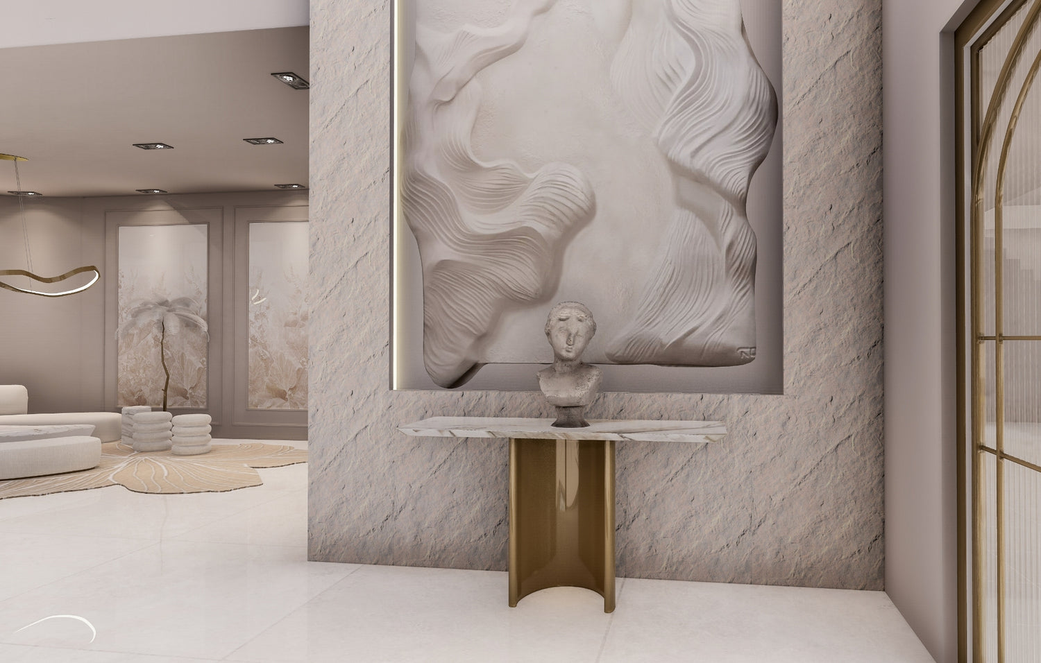 Luxurious interior with marble walls, sculptural art, and modern furniture.