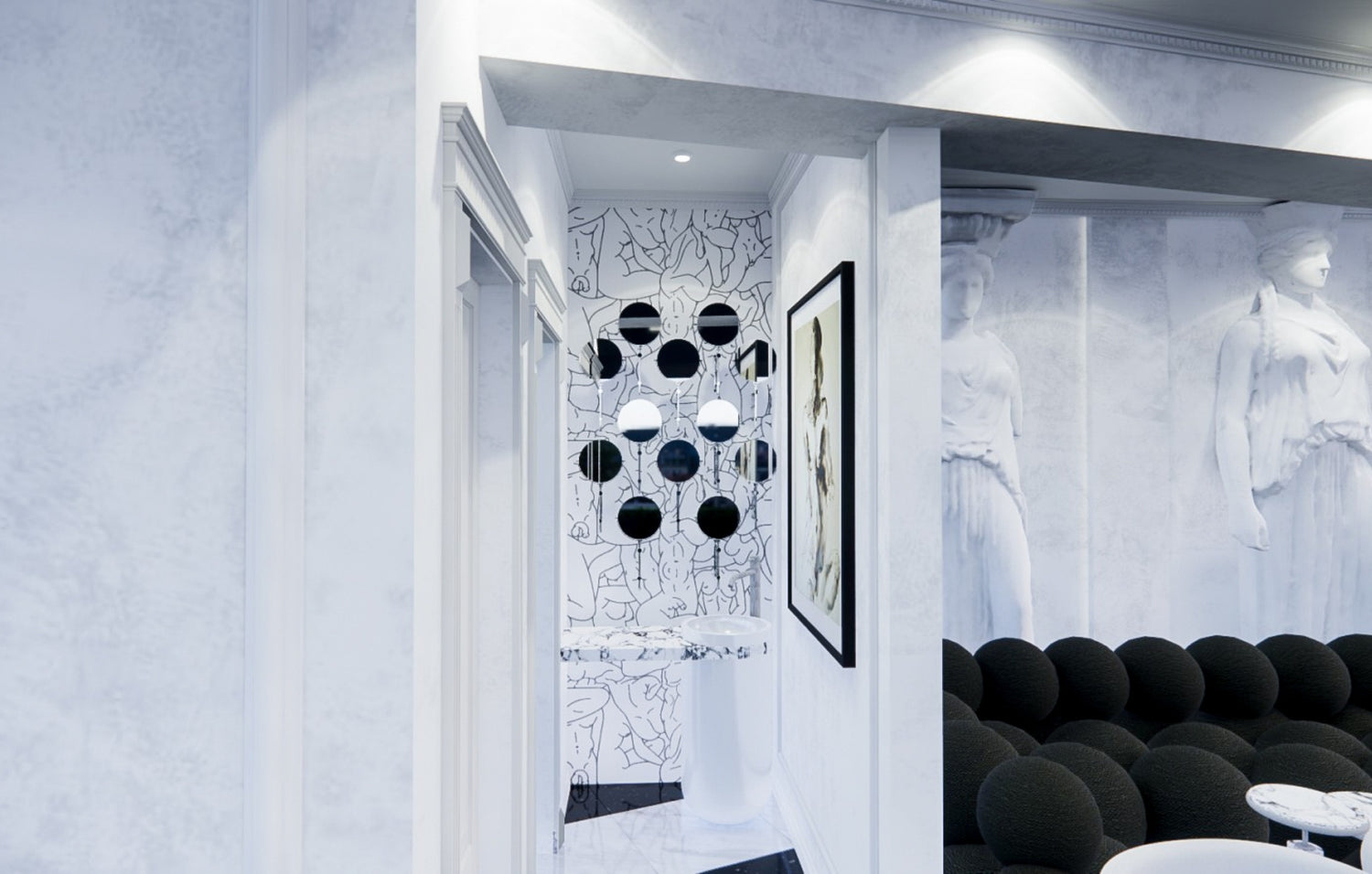 Modern interior with black and white abstract art, spherical pendant lights, and classical statues.