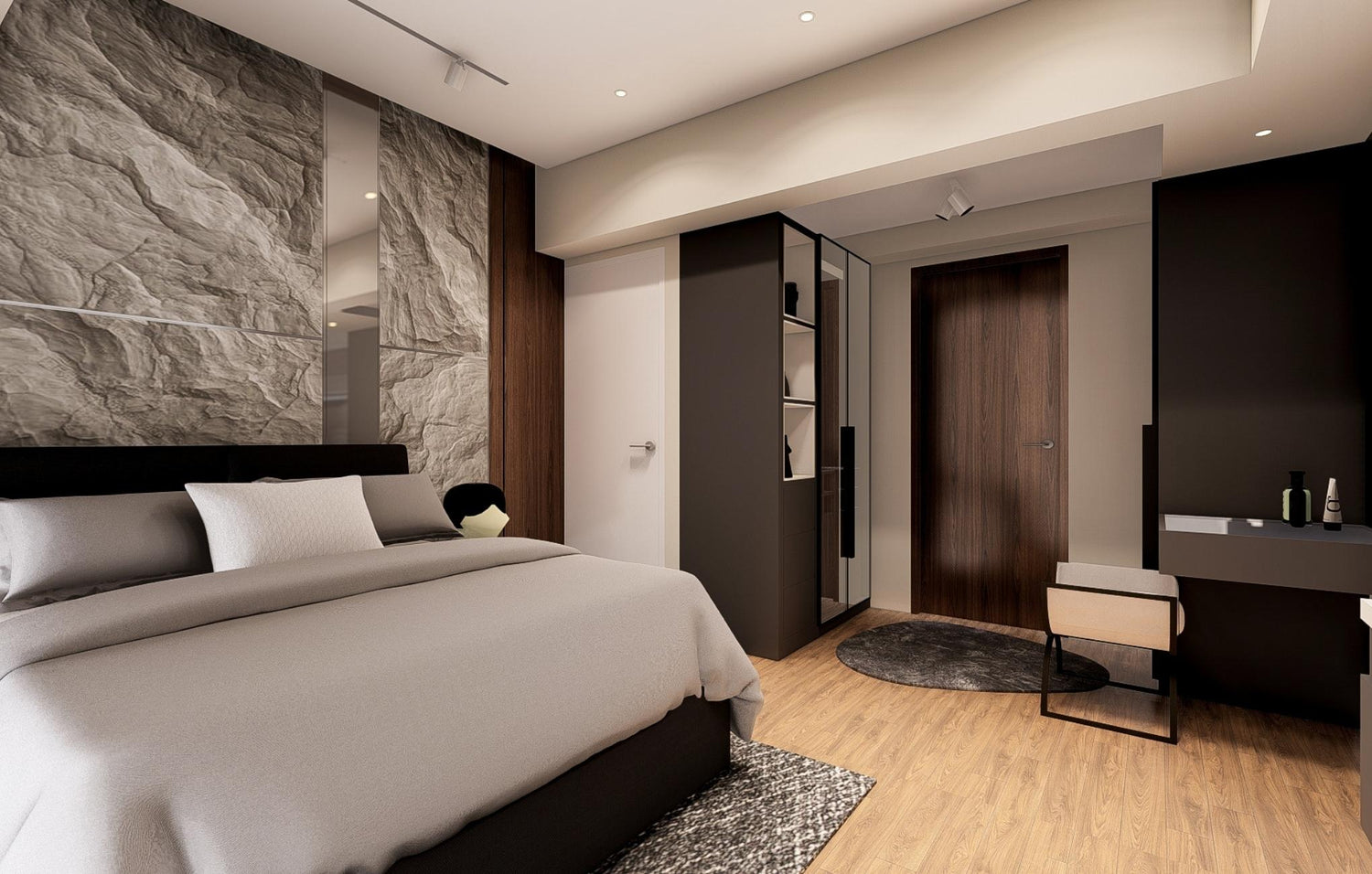 A modern bedroom design with a cozy bed, a minimalist desk, and a mirror adding depth to the stylish interior.