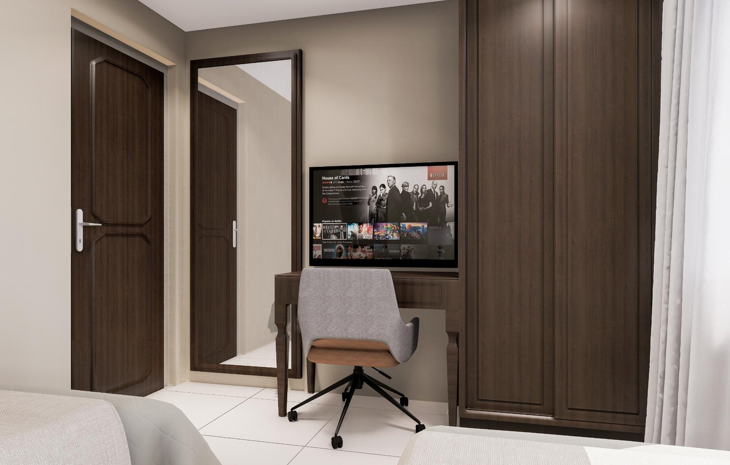 Modern room with a large TV screen, a chair, wooden wardrobe, and open door. 