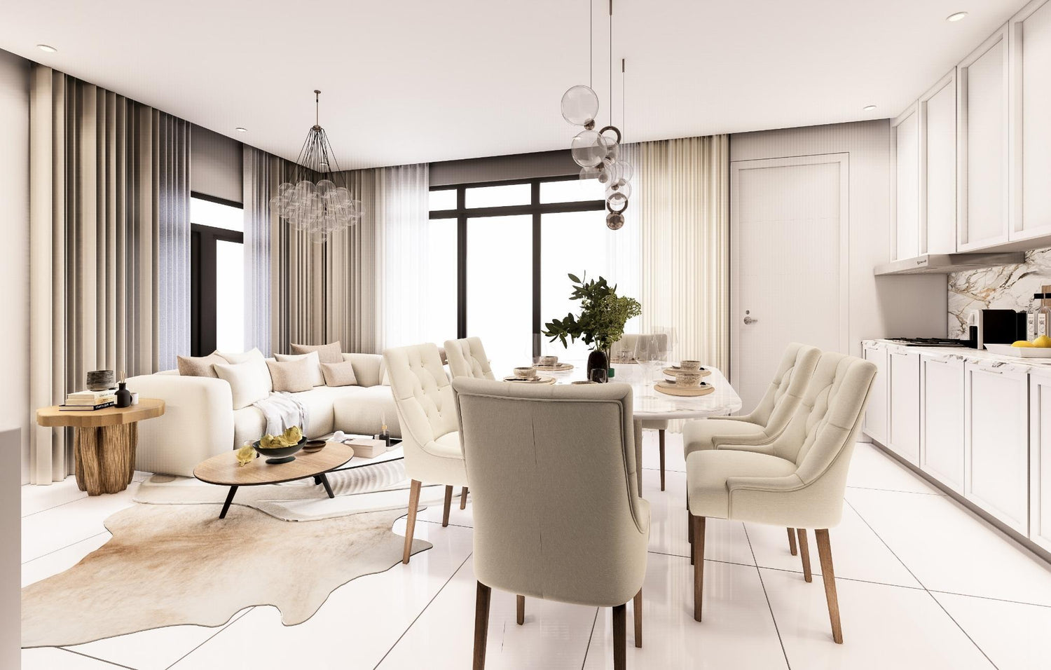Contemporary living room showcasing elegant white furniture, creating a fresh and inviting space.
