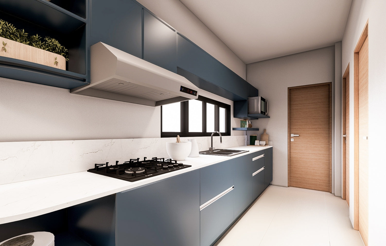  A modern kitchen featuring blue cabinets and sleek white countertops, creating a fresh and inviting atmosphere.