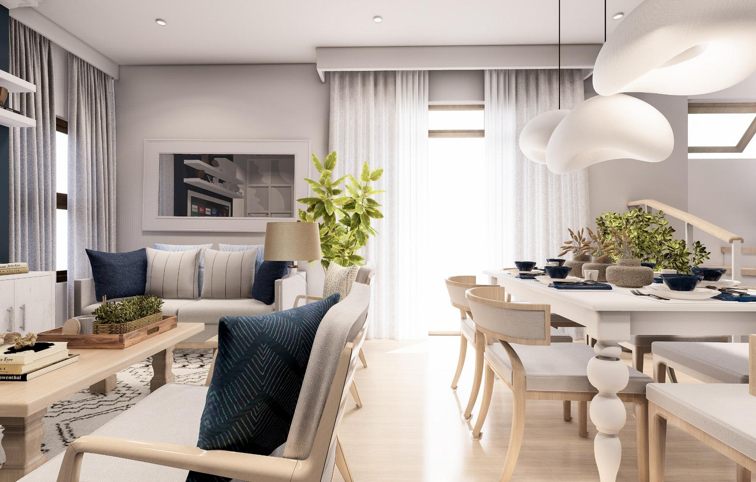 A modern dining room showcasing a white table and chairs, emphasizing simplicity and elegance in the design.