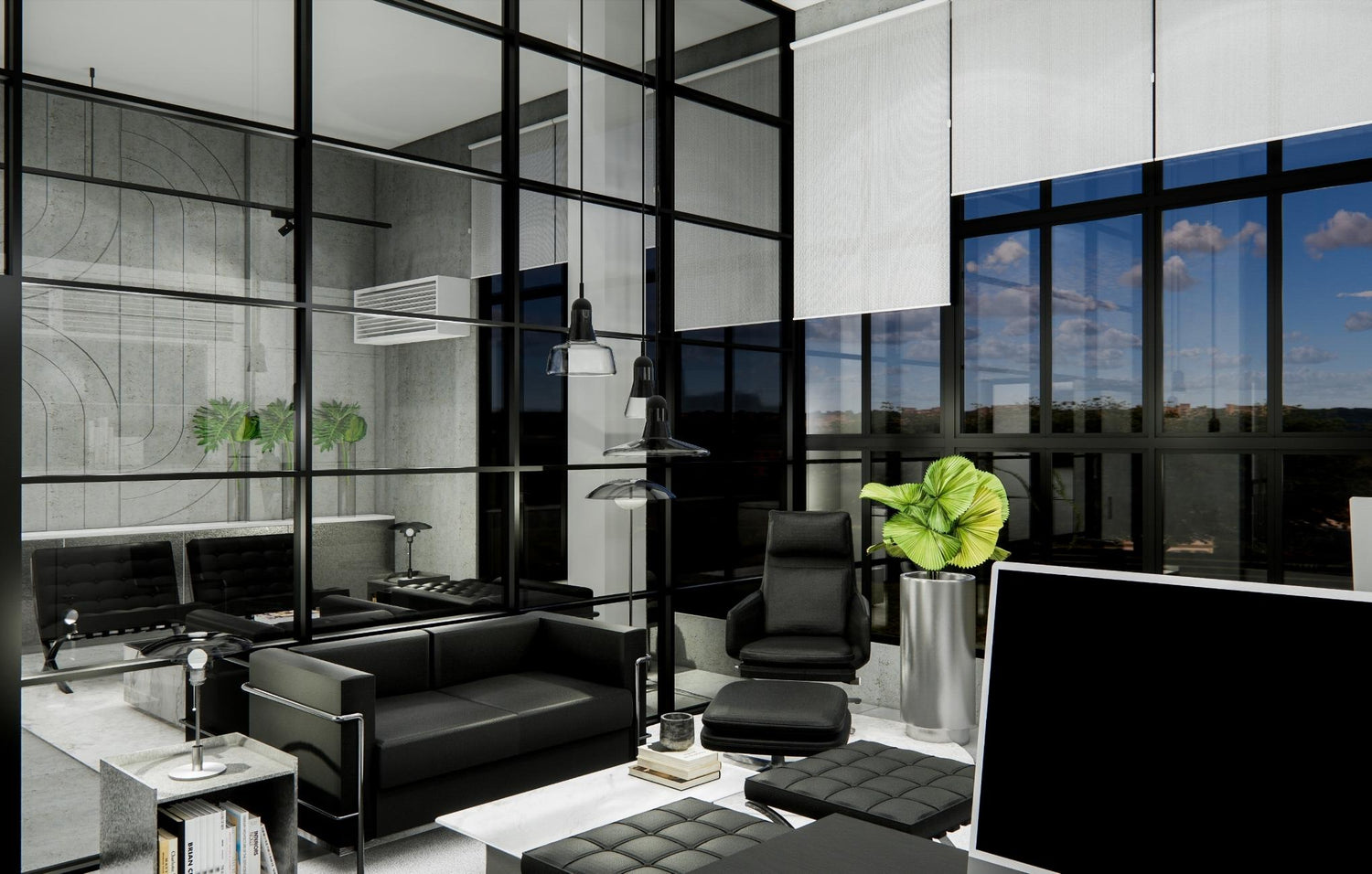 Modern office interior with black furniture, large windows, and a view of blue skies.