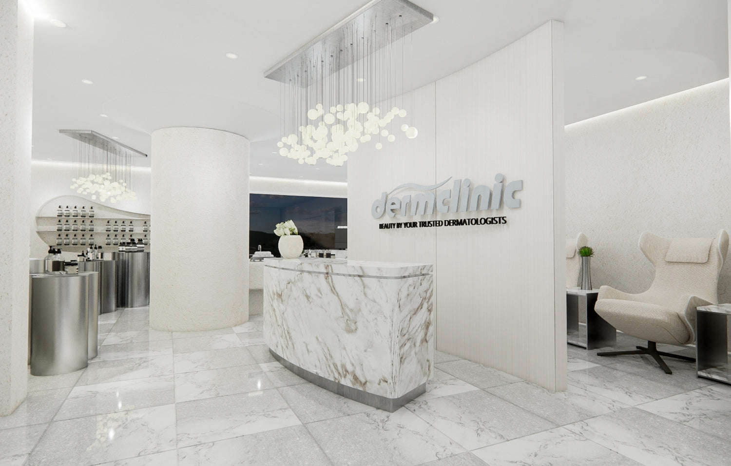 A luxurious clinic reception area featuring a curved marble desk, modern pendant lights with cascading designs, and sleek white walls. The space includes polished marble floors, contemporary furniture, and the 'Dermclinic - Beauty by Your Trusted Dermatologists' logo prominently displayed on the wall. The ambiance is professional, elegant, and welcoming."



A luxurious clinic reception area featuring a curved marble desk, modern pendant lights with cascading designs, and sleek white walls. The space inc


