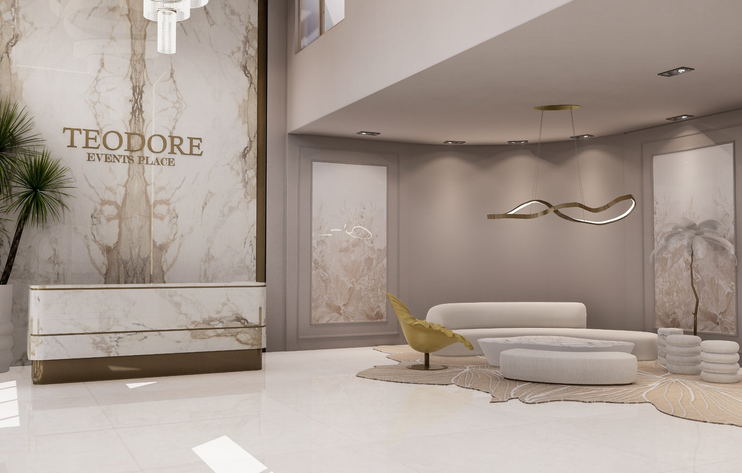 Elegant modern lobby with marble accents, chic furniture, and artistic lighting fixtures.