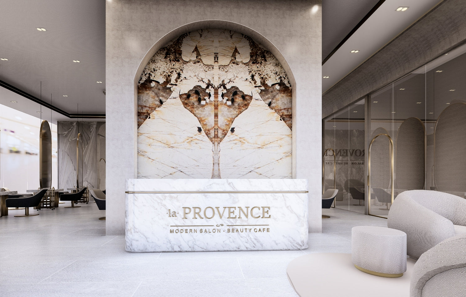 Elegant salon interior with marble reception desk and chic detailing.