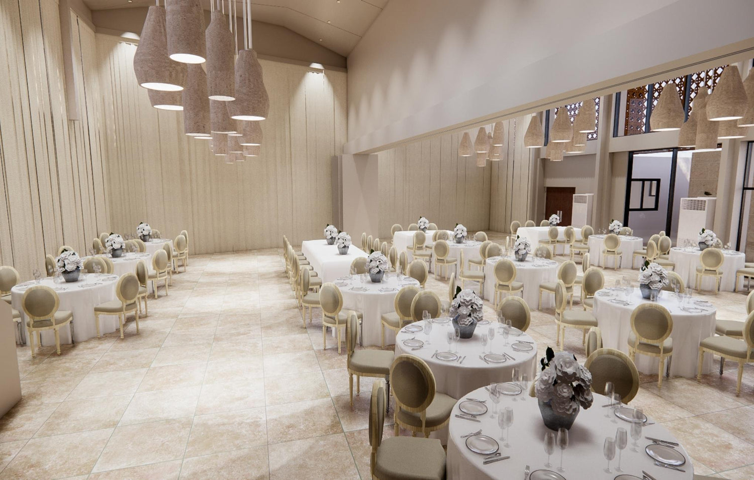 Elegant dining hall with round tables set for an event, modern chandeliers, and decorative screens.