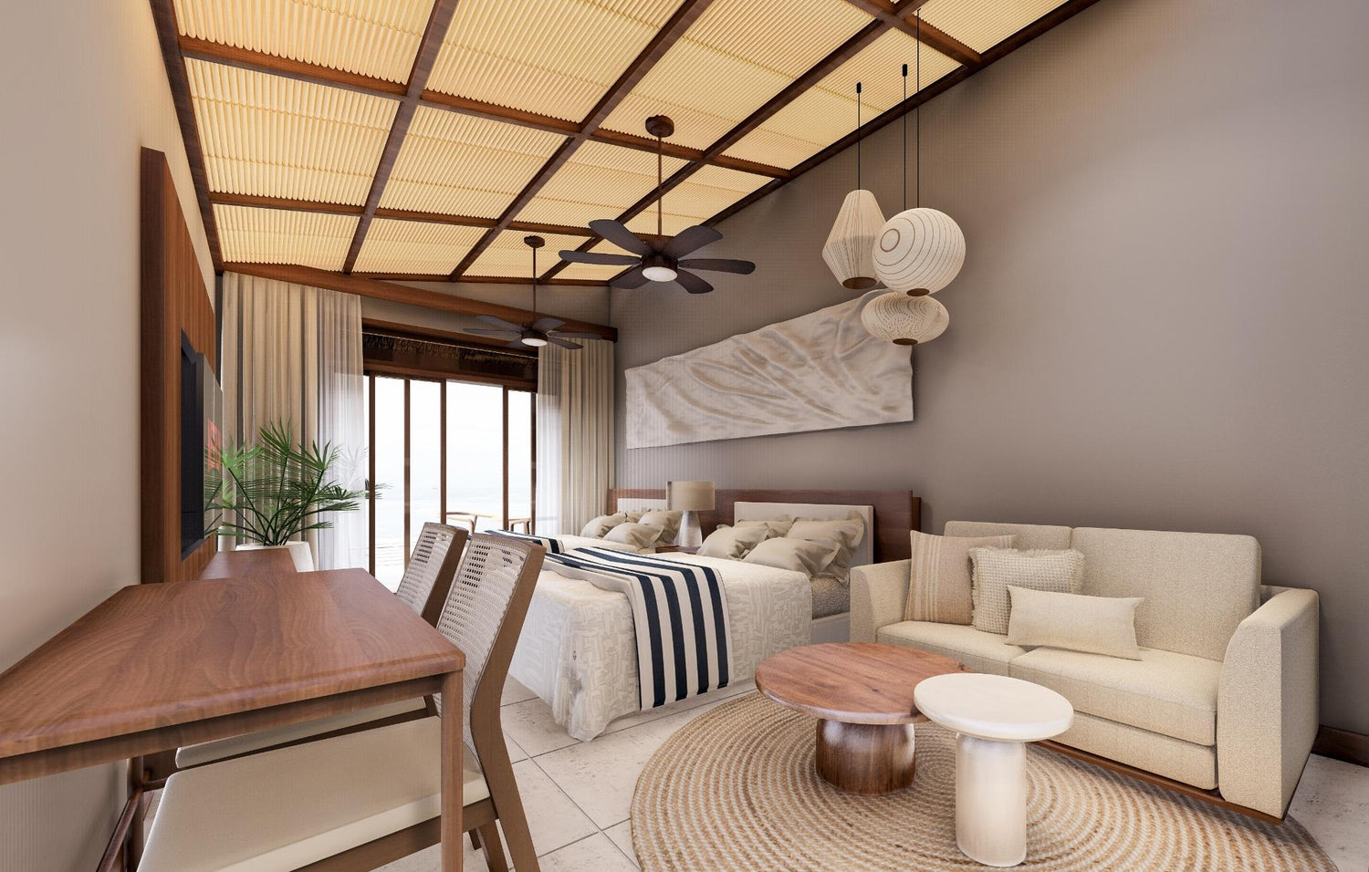 Modern living room with sofa, dining area, ceiling fan, and beach view through windows.