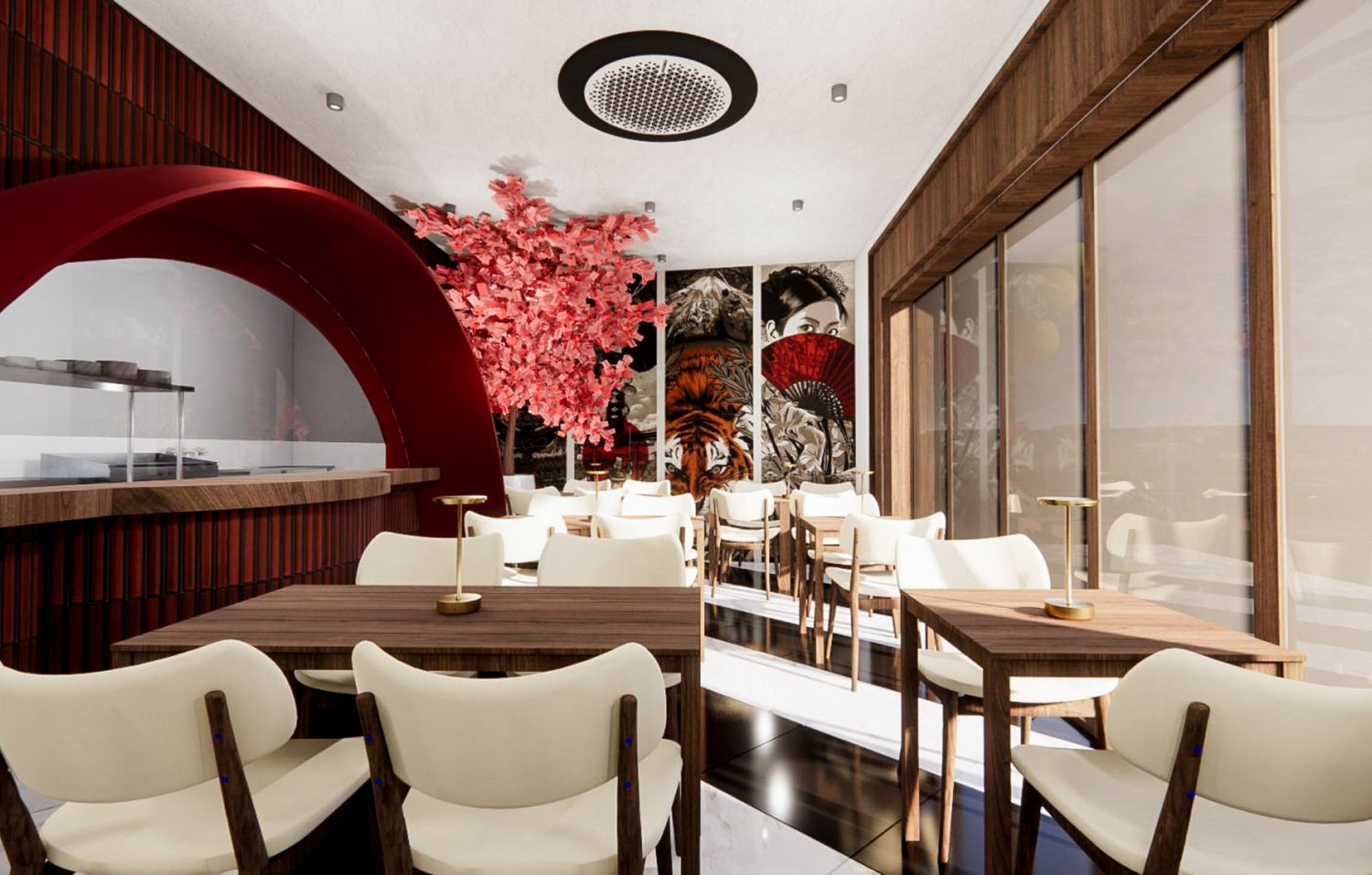 Modern dining room with red accents and a cherry blossom tree installation.