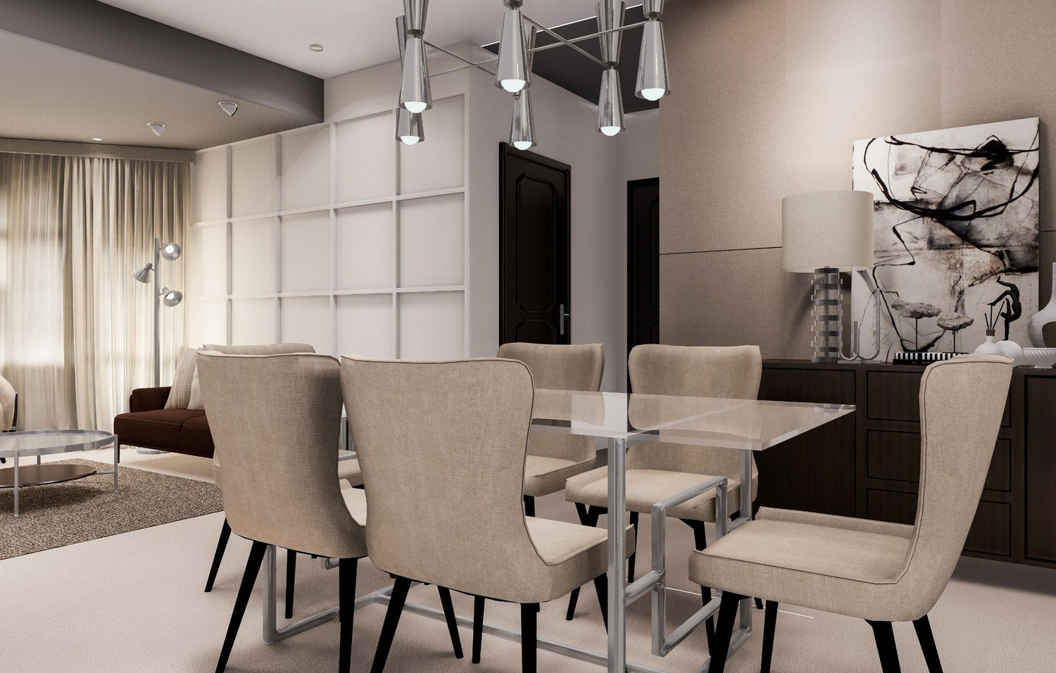 Modern dining area with stylish beige chairs and a chic glass table at the center.