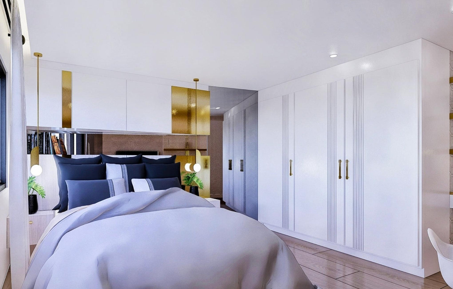  A cozy bedroom featuring a neatly made bed, a stylish dresser, and a large mirror reflecting the warm ambiance.