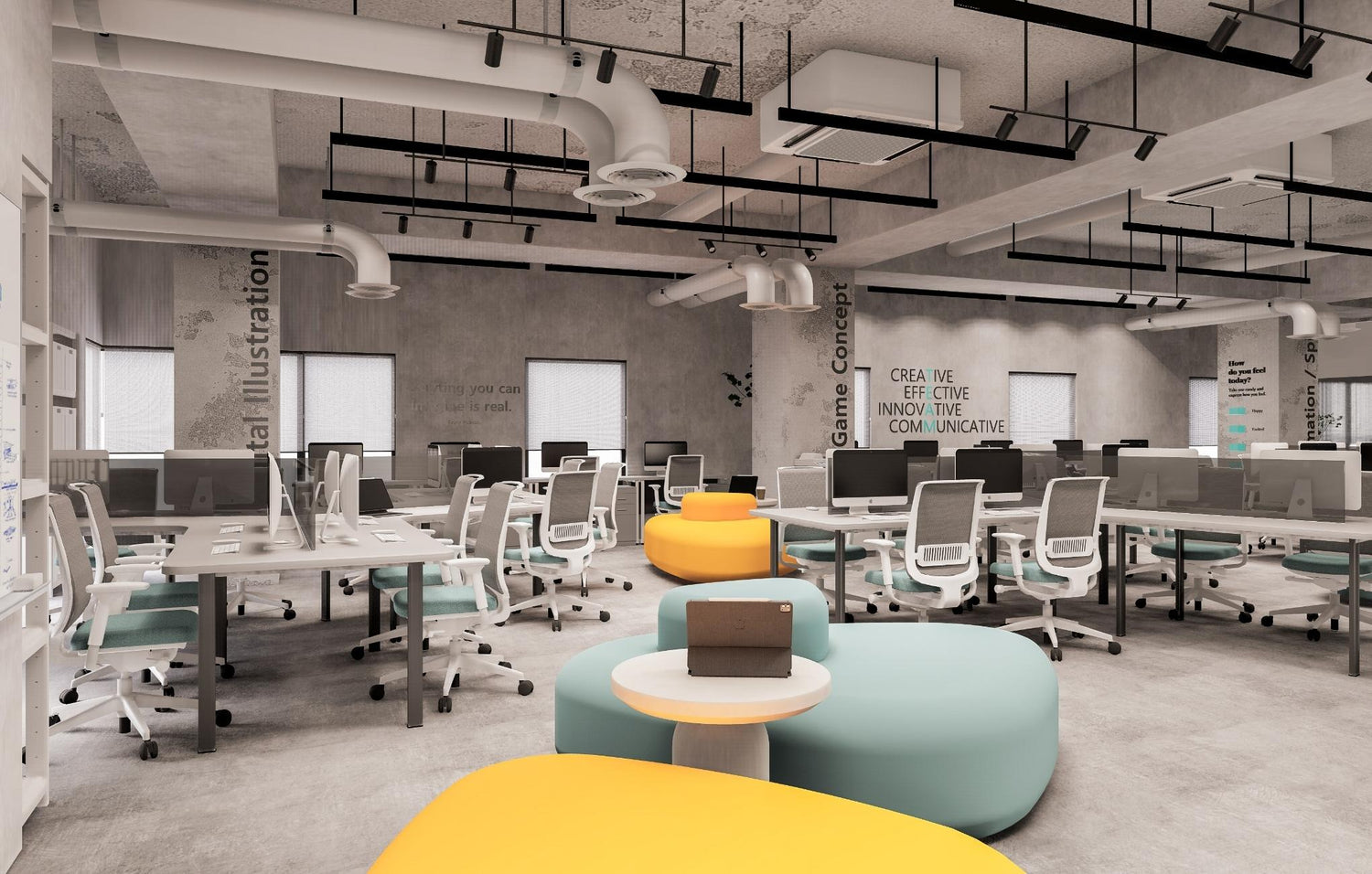Modern office interior with desks, chairs, and colorful circular seating areas.