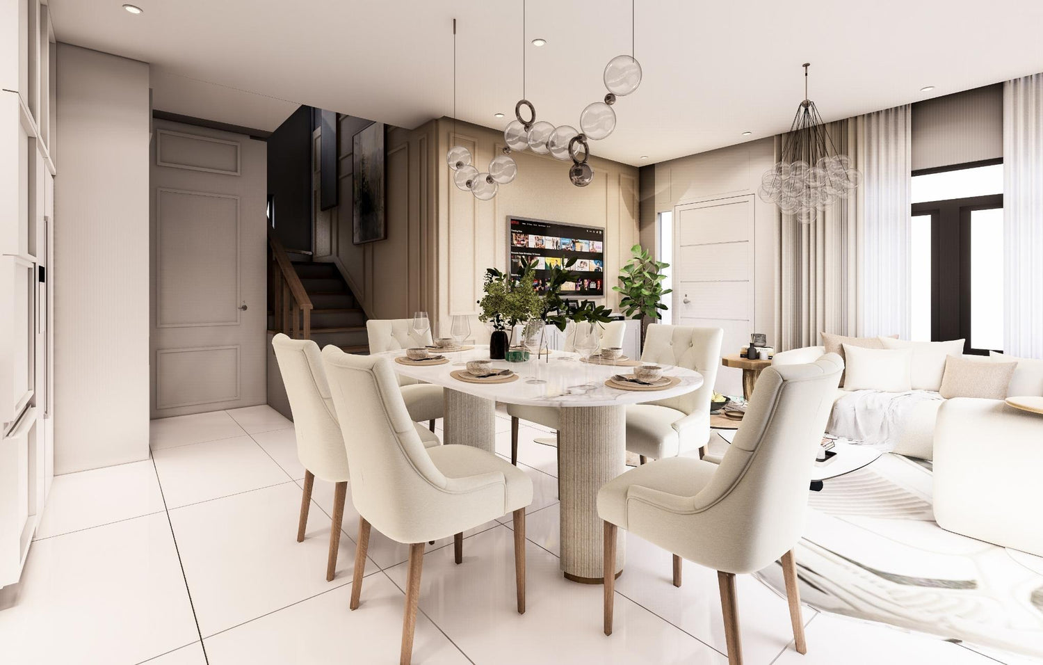 Contemporary living room showcasing elegant white furniture, creating a fresh and inviting space.