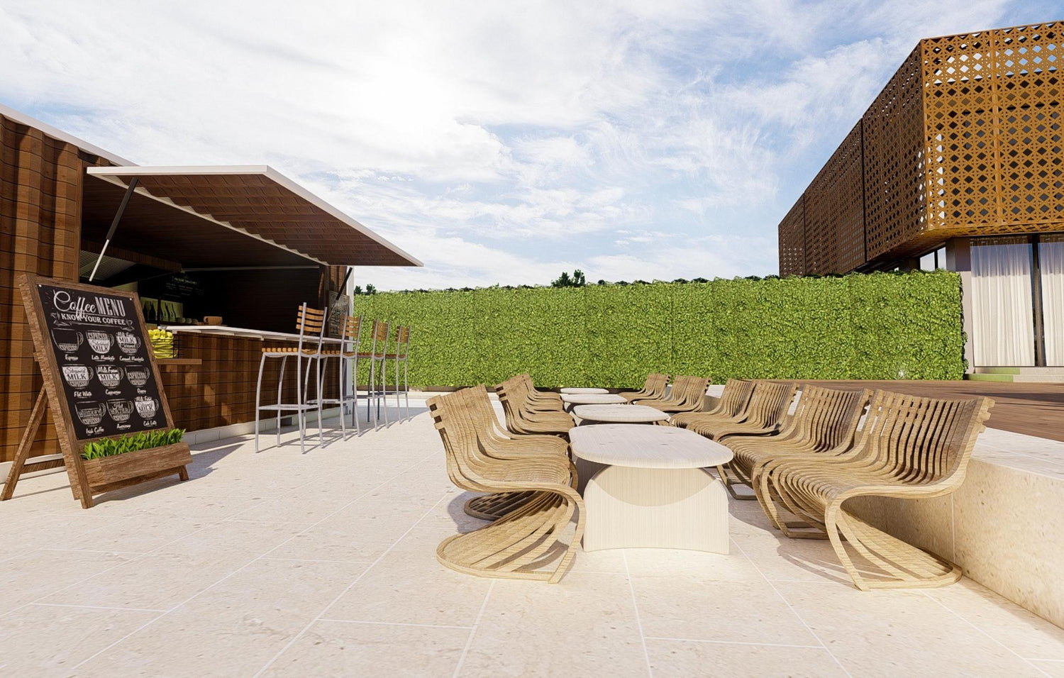 Modern outdoor cafe with wooden furniture and green hedge under a clear sky.