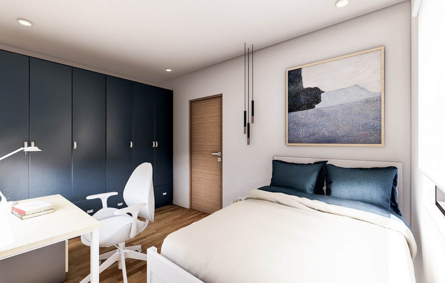 A cozy bedroom featuring blue walls and a stylish desk, creating a serene and inviting atmosphere.