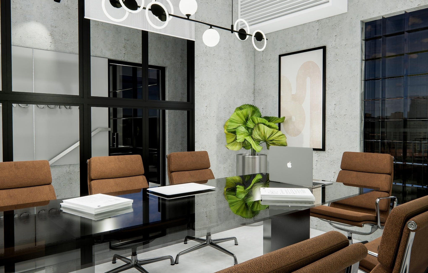 Modern office meeting room with black table, brown chairs, concrete walls, and large windows.