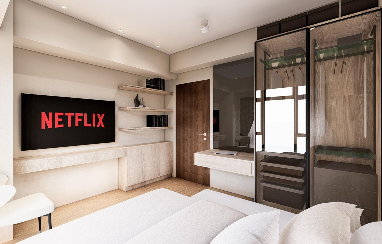 Modern bedroom design showcasing a bed and a TV, ideal for leisure and restful nights.