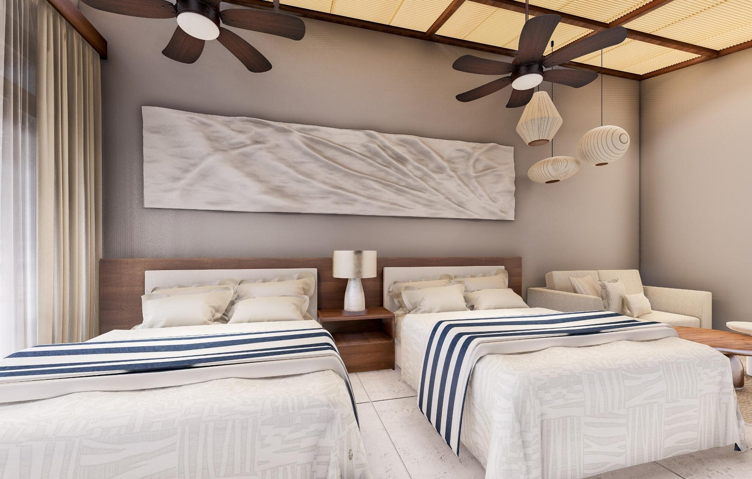 Modern twin bedroom with ceiling fan and decorative pendant lights.