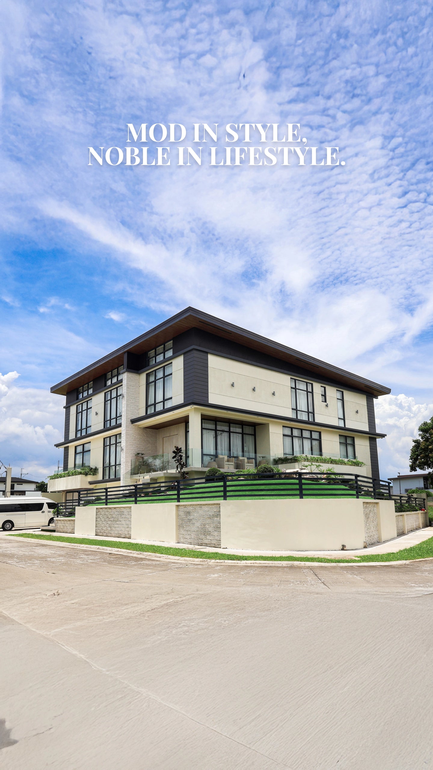 Contemporary two story residential house with modern facade, glass windows, and balcony design by Mod and Noble Design Studio