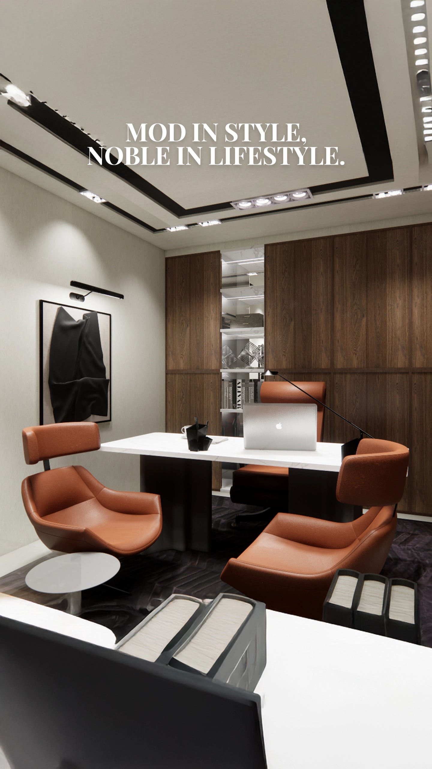 A sophisticated office space with leather chairs and a desk, reflecting the aesthetic of a contemporary design studio.