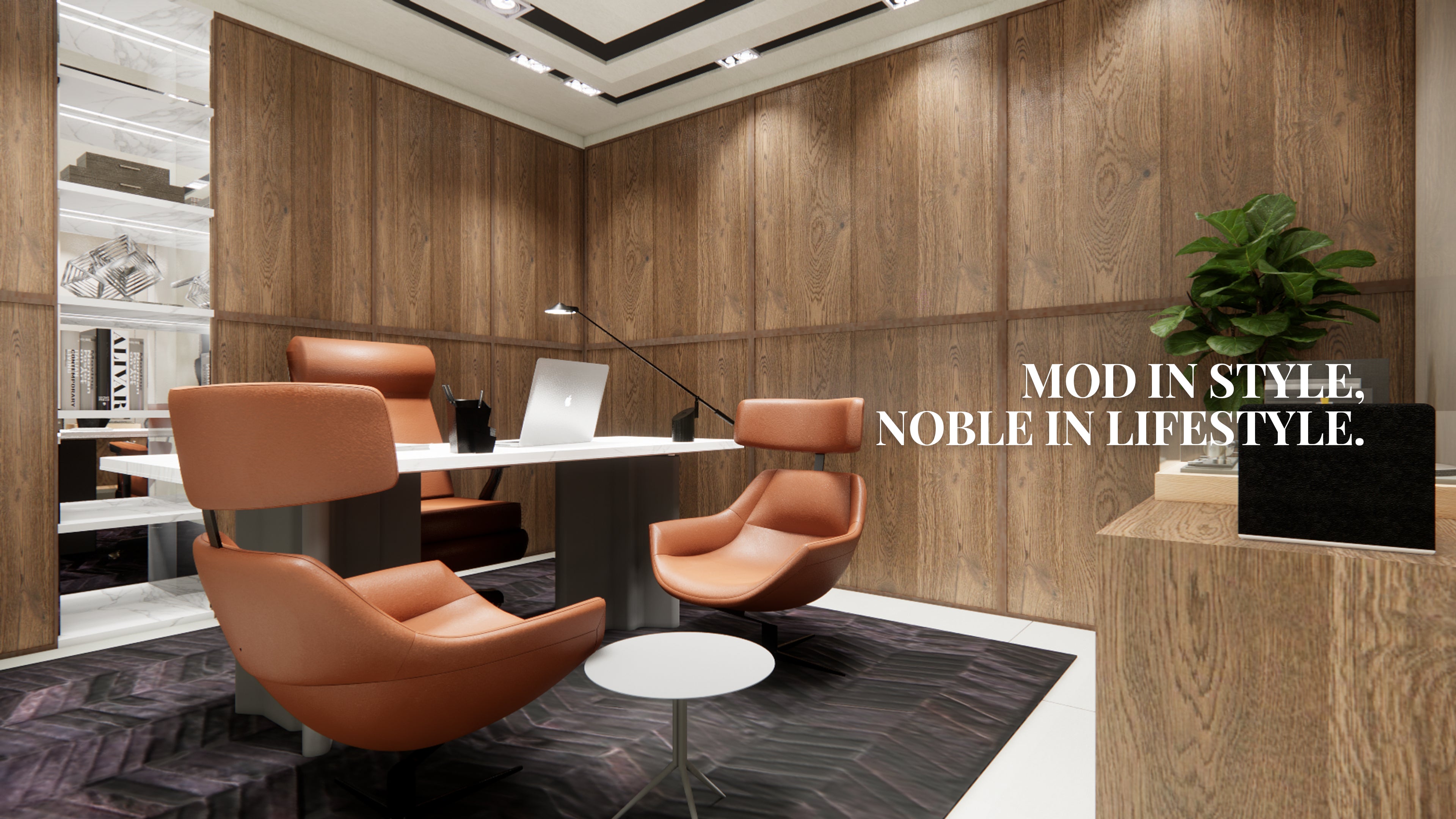 Modern office interior design with wood panel walls, leather lounge chairs, and minimalist workspace by Mod and Noble Design Studio